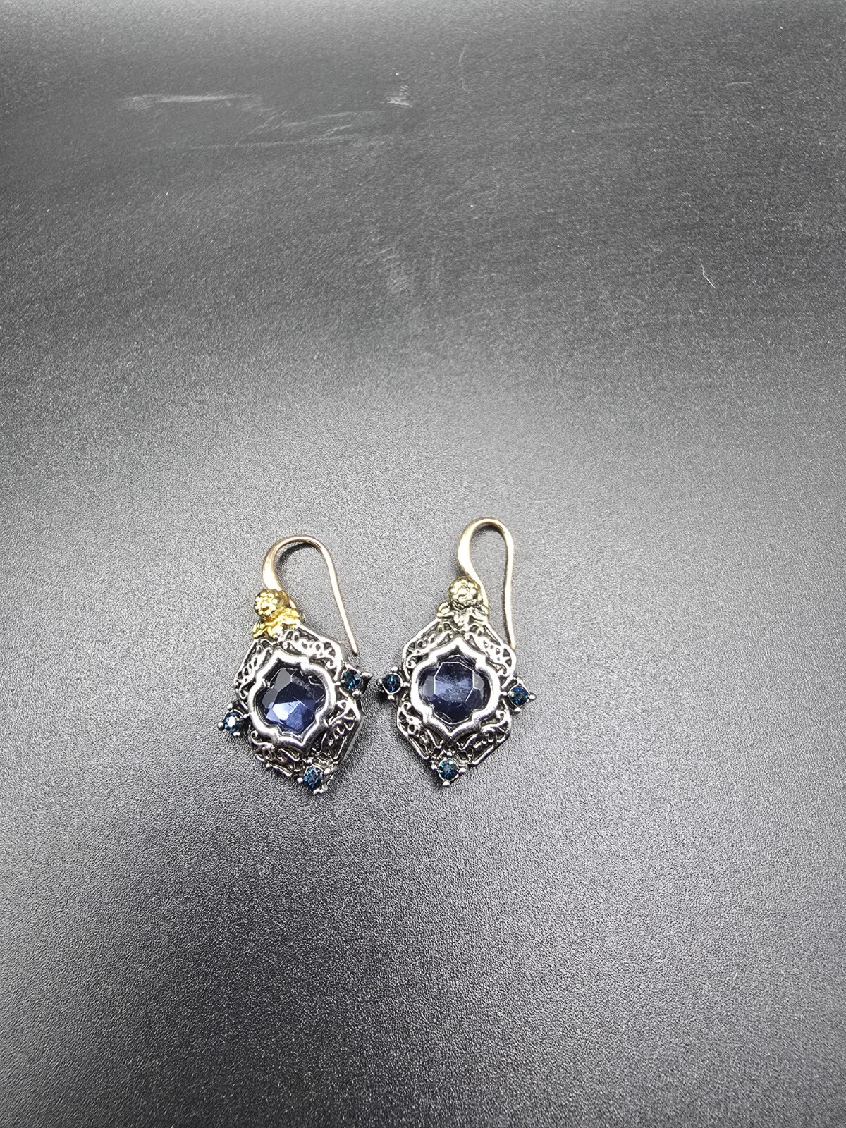 Silver & Gold Tone Dangle Drop Earrings Blue Round Crystal Bezel Hook 1.25in