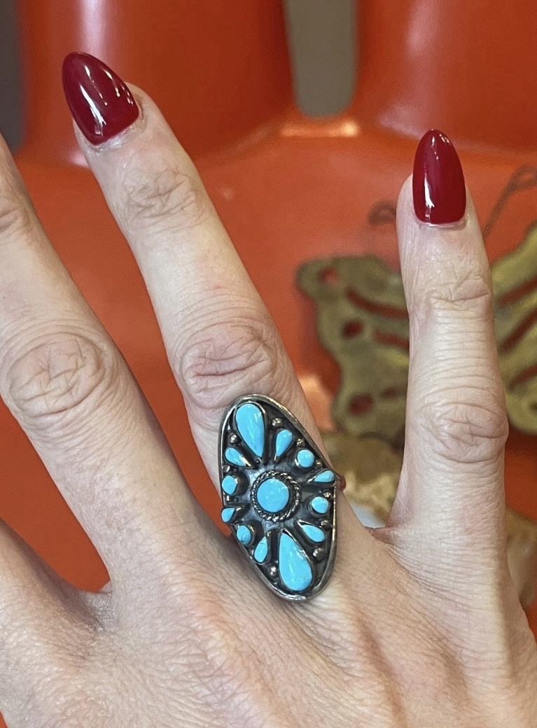 70s VTG 925 Sterling Silver Turquoise Cluster Sunburst Statement Ring Size 8.25