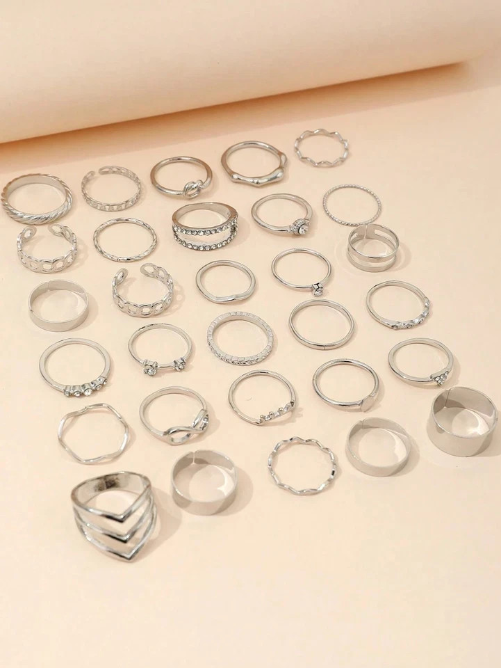 30Pcs Silver Ring Set Women Boho Knuckle Midi Stacking Rings Rhinestone Jewelry