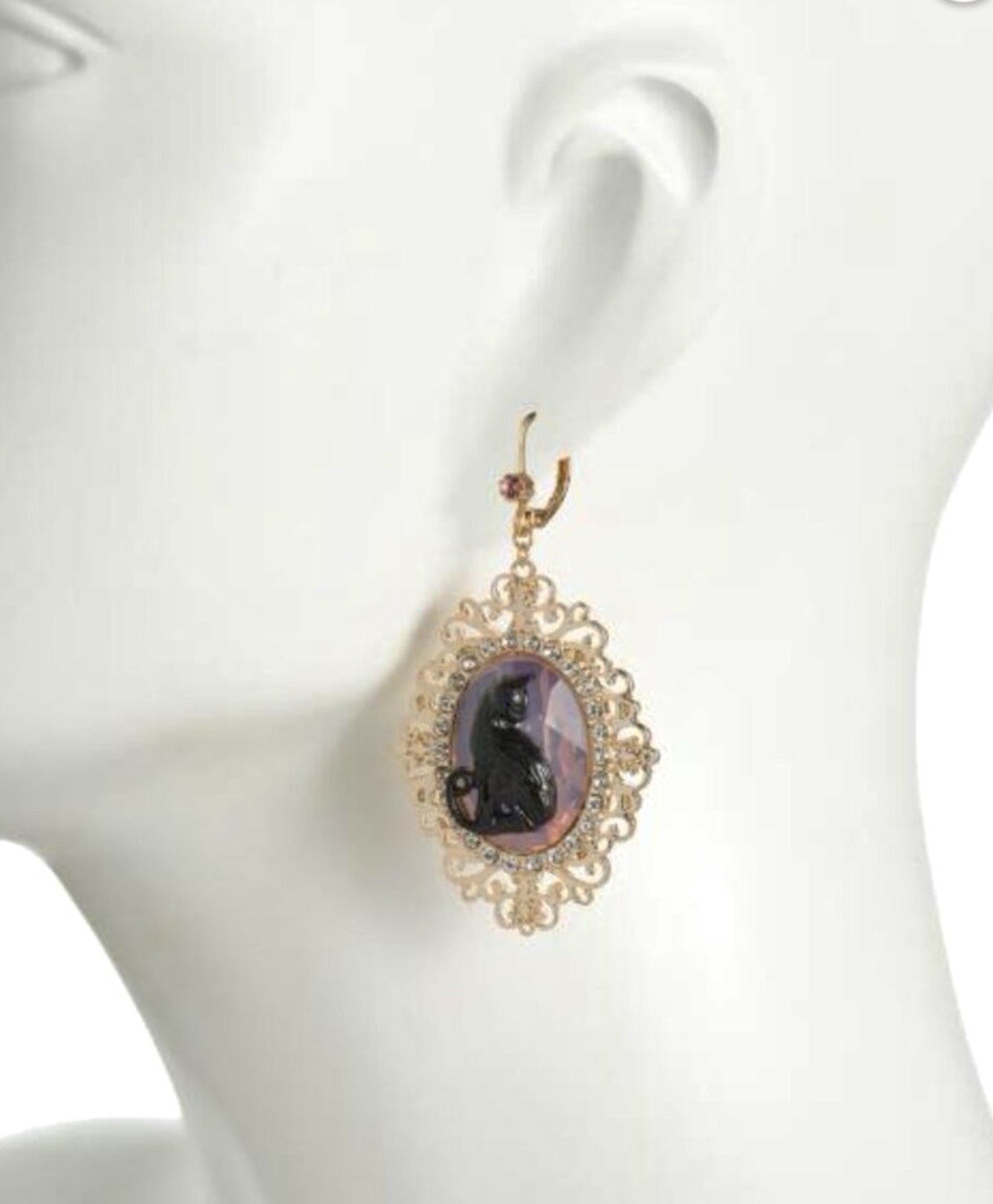 BETSEY JOHNSON Black Cat Cameo Rhinestone Gold Tone Halloween Drop Earrings NWT