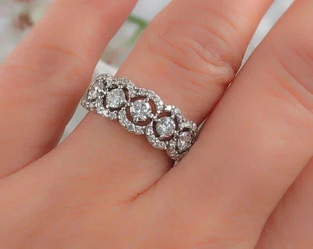 2.9Ct Round Cut Real Moissanite Eternity Wedding Band Ring 14K White Gold Plated