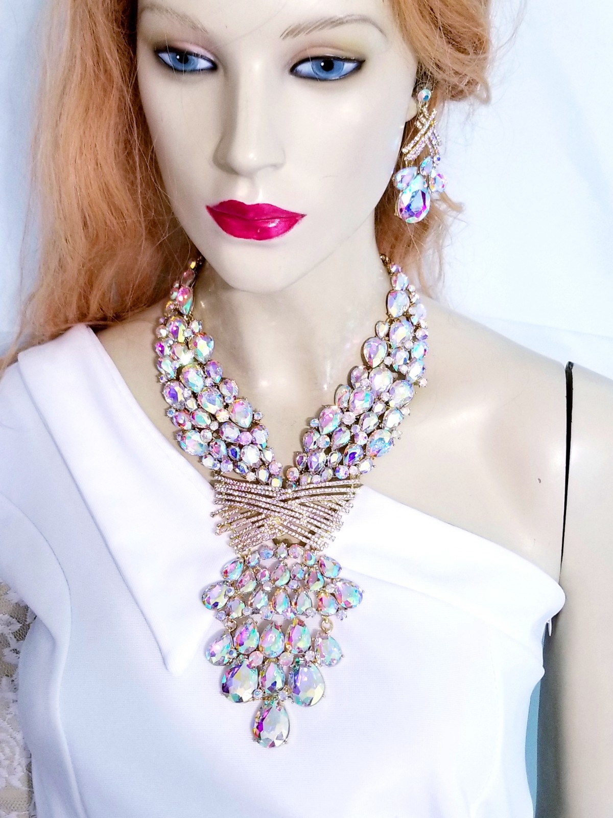 AB Iridescent X Large Necklace Choker Earring Set Rhinestone Crystal Drag