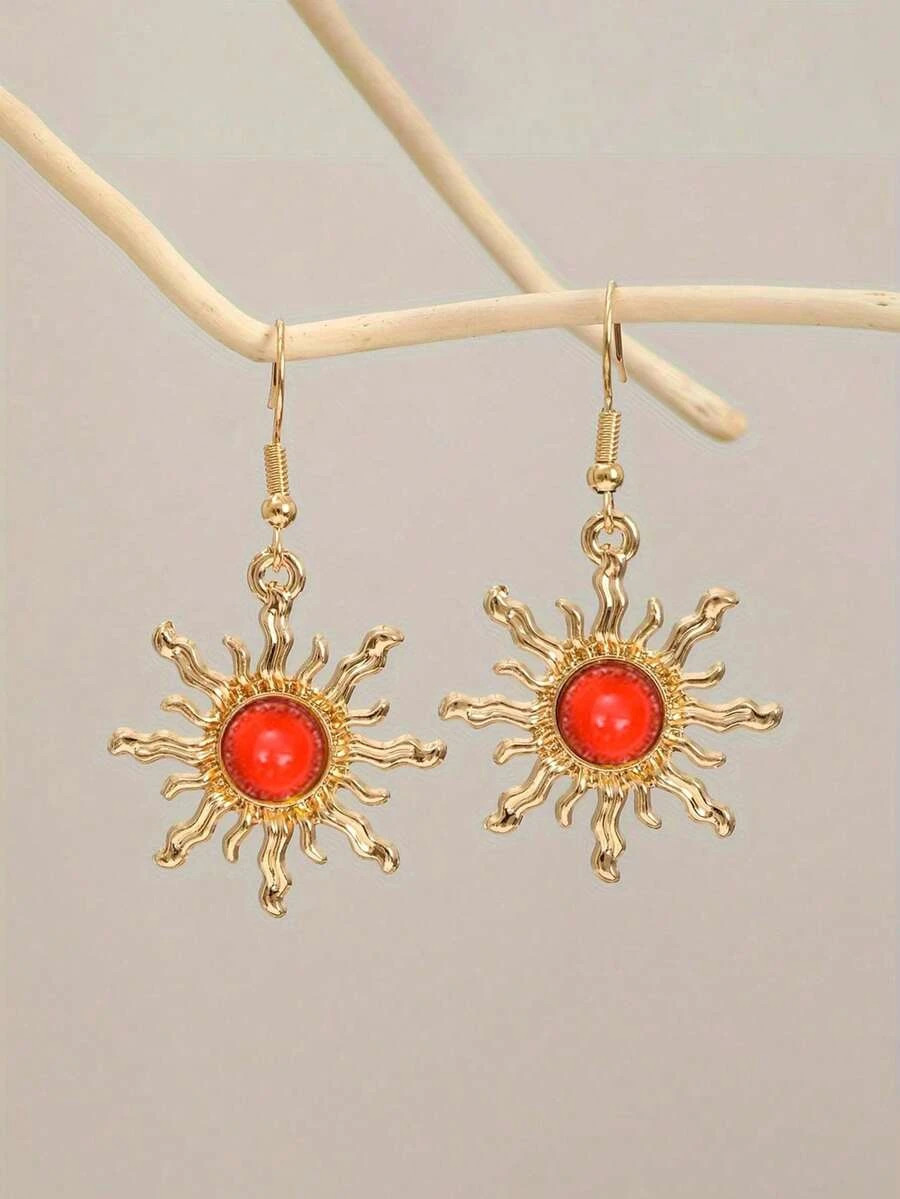 1 pair Boho Sunflower Jade Earrings Gold Plated Baroque Dangle Women