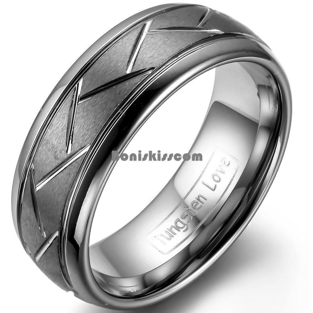 8mm Matte Tungsten Carbide Ring Dark Gray Zig Zag Grooves Mens Dome Wedding Band
