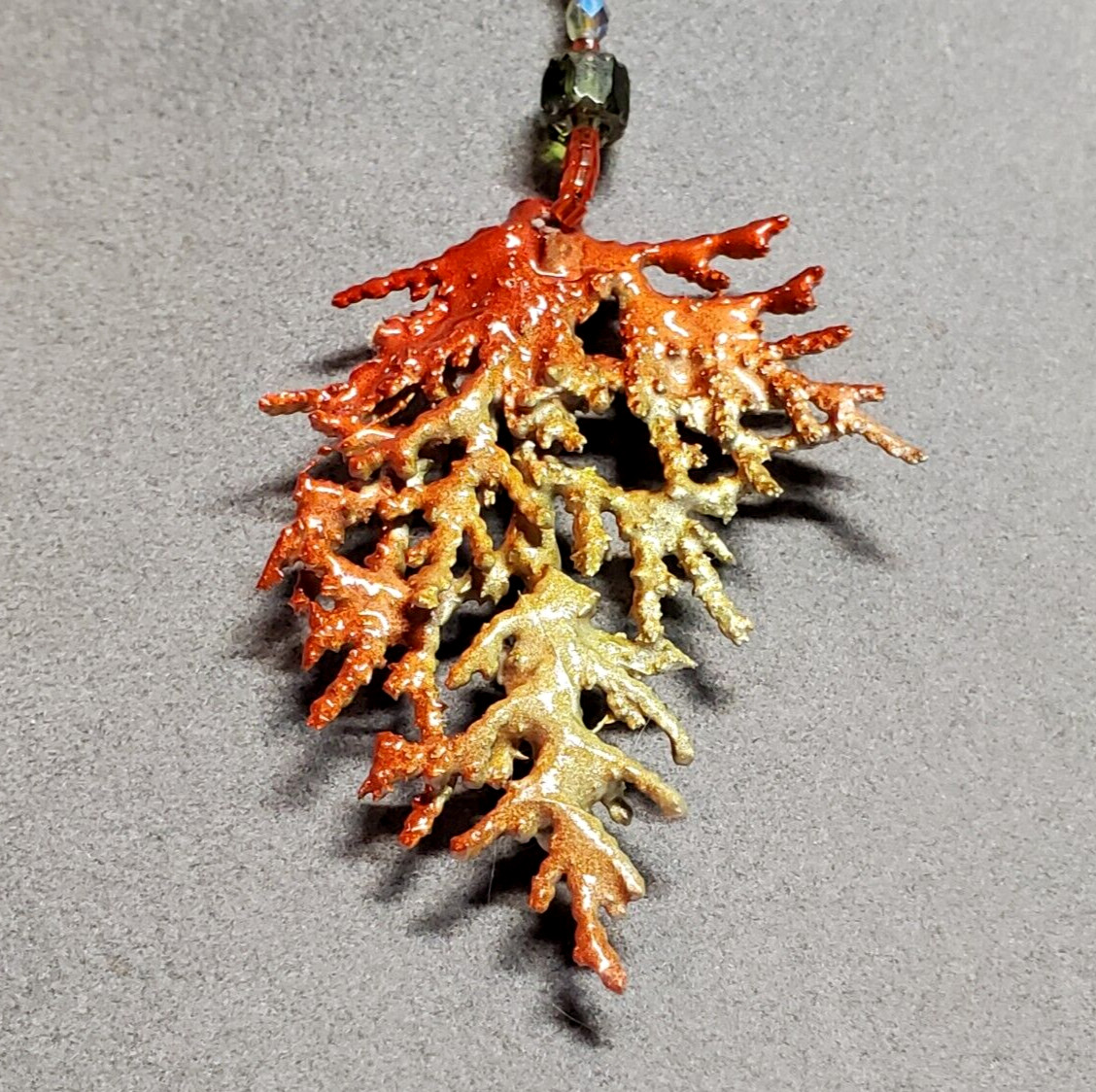 Handmade Orange Green Enamel Natural Juniper Branch Pendant Bead 16″ Necklace