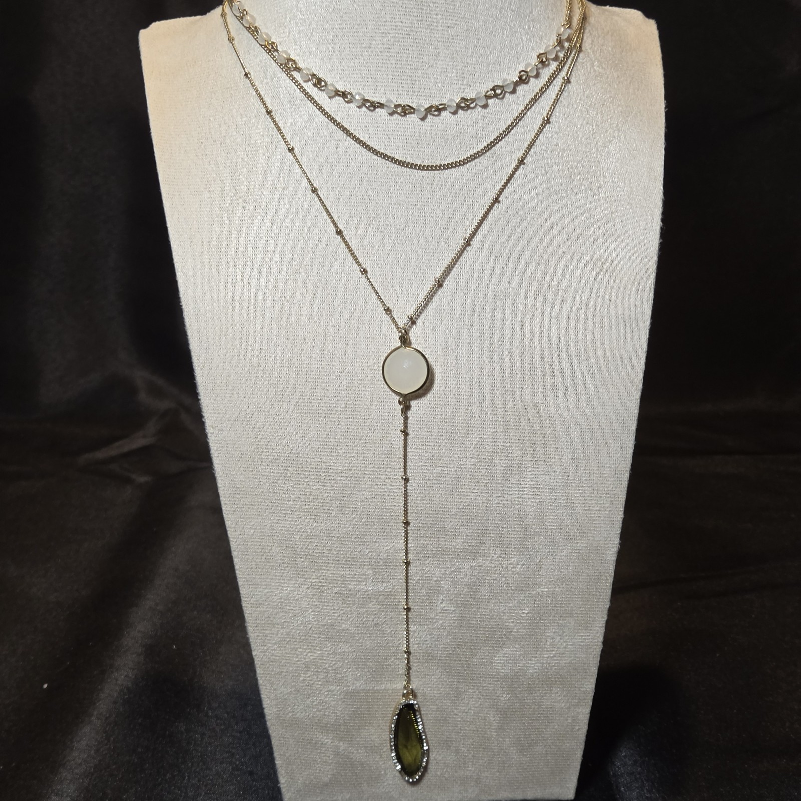 Gold-tone Y Necklace With White & Olive Green Stone Pendant.