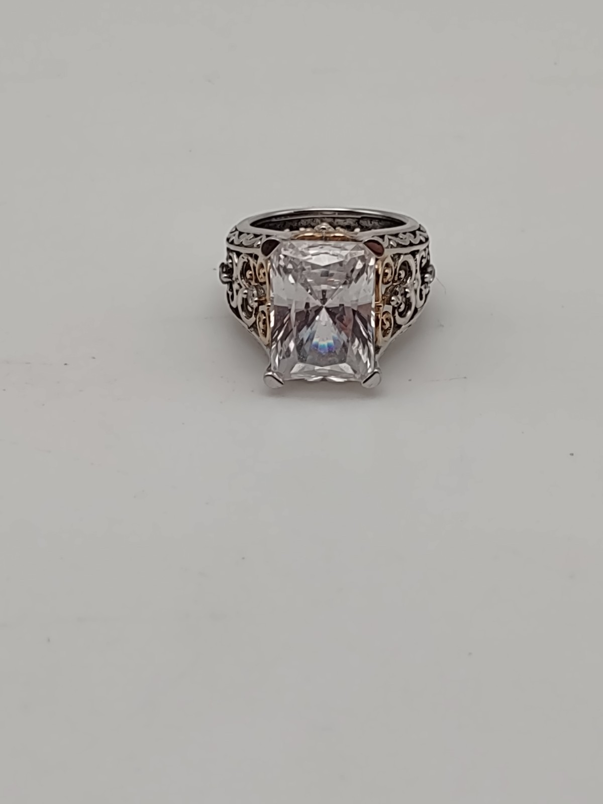 925 Sterling CZ Cocktail Ring Gold Accents Filigree 5