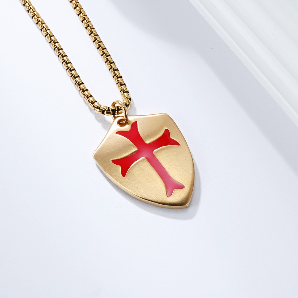 Stainless Steel Crusader Knights Templar Cross Shield Pendant Necklace For Men