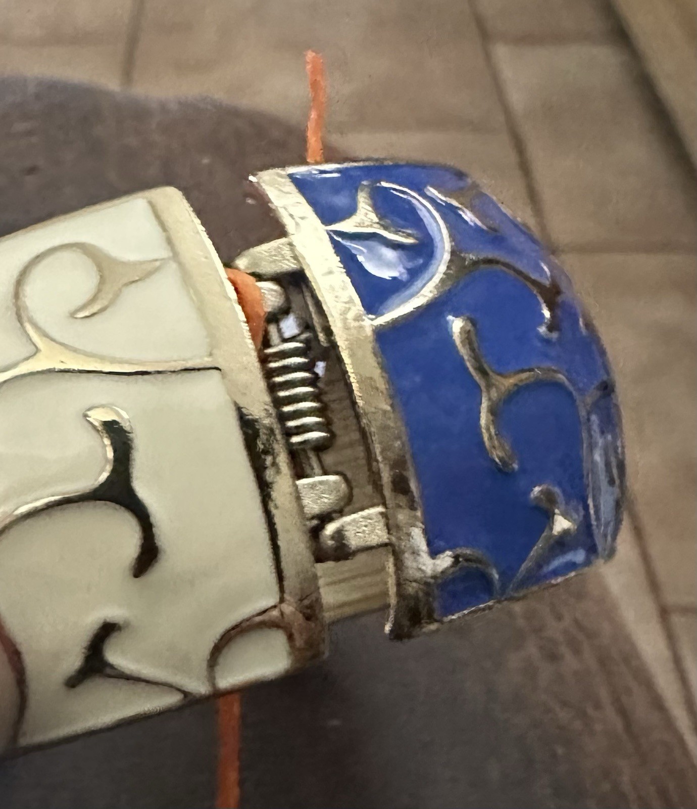 Wide Half Blue And Ivory Enamel Gold Tone Swirl Design Cuff Bracelet