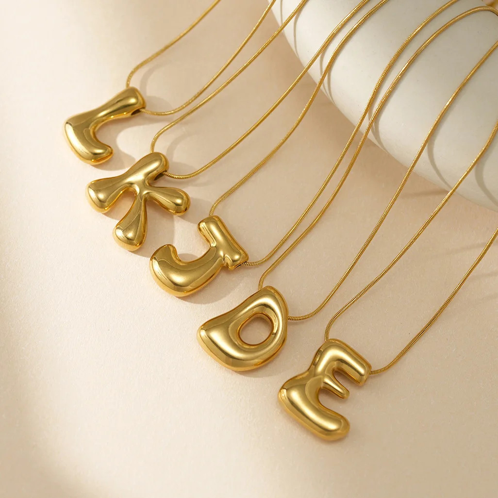 A to Z Bubble Alphabet Letter Pendant Necklace Gold Snake Chain 45cm/18inch