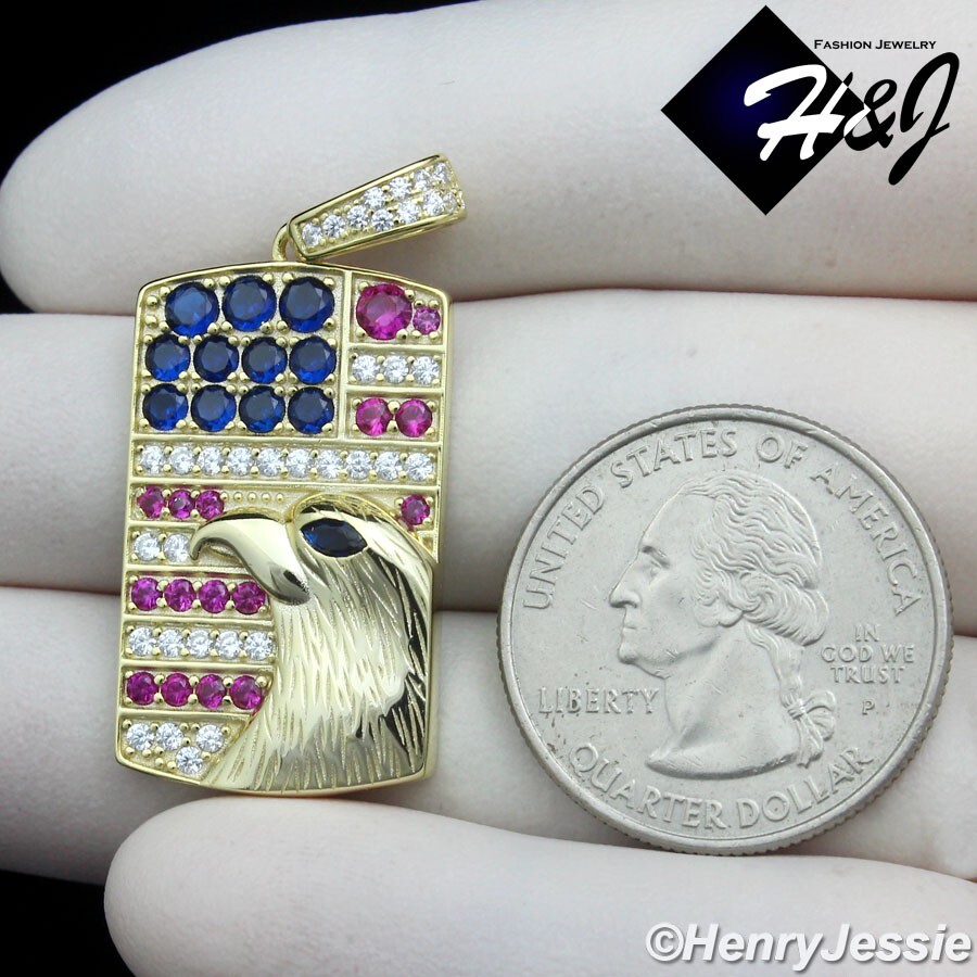 MEN 925 STERLING SILVER ICY BLING CZ 3D GOLD PLATED EAGLE DOG TAG PENDANT*GP465