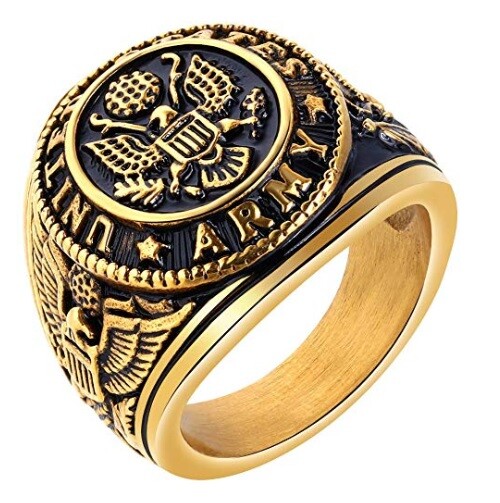 Stainless Steel Gold US Army Ring – Army Seal Biker Ring W/ US Army Flag & Eagle