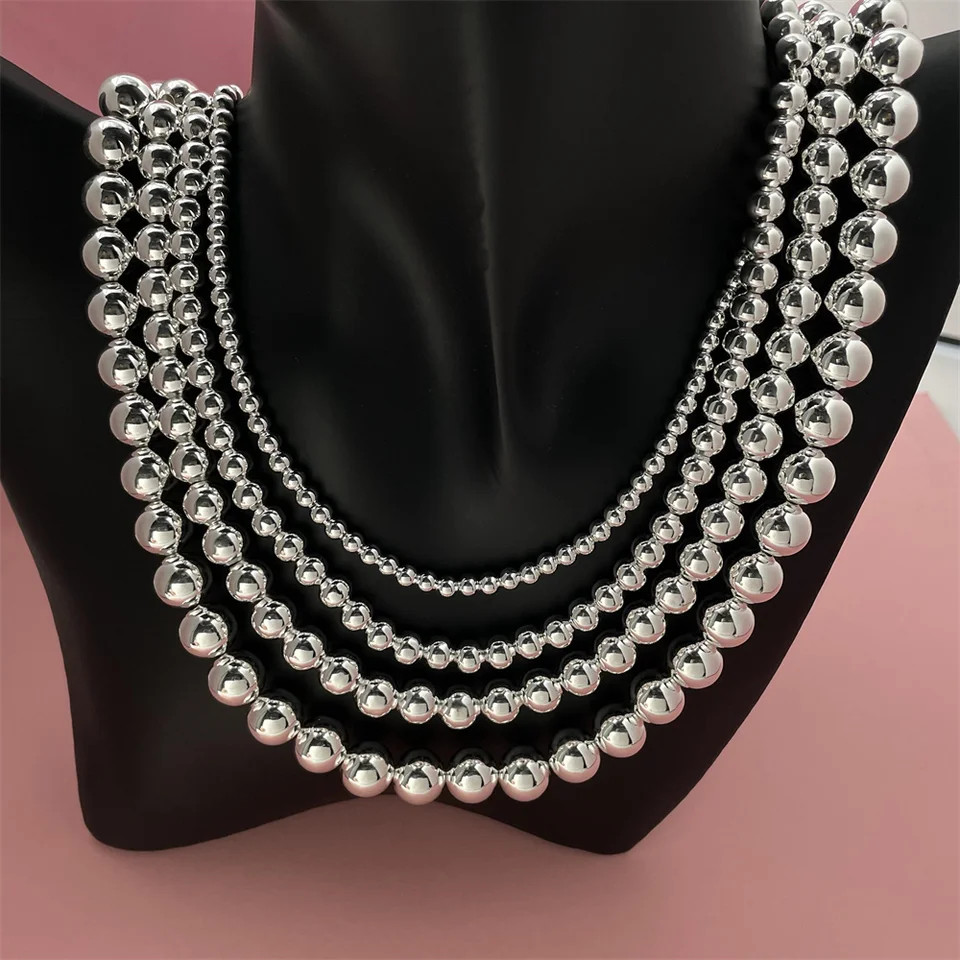 Round Bead Chain Necklace 925 Sterling Silver 4mm Classic Wedding Men Jewelry