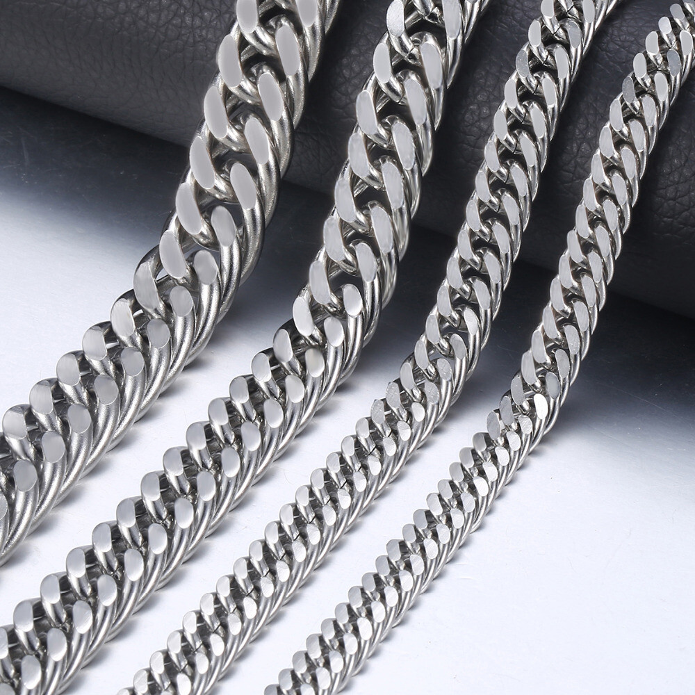 8-18mm Mens Stainless Steel Necklace Silver Color Curb Cuban Link Chain Necklace
