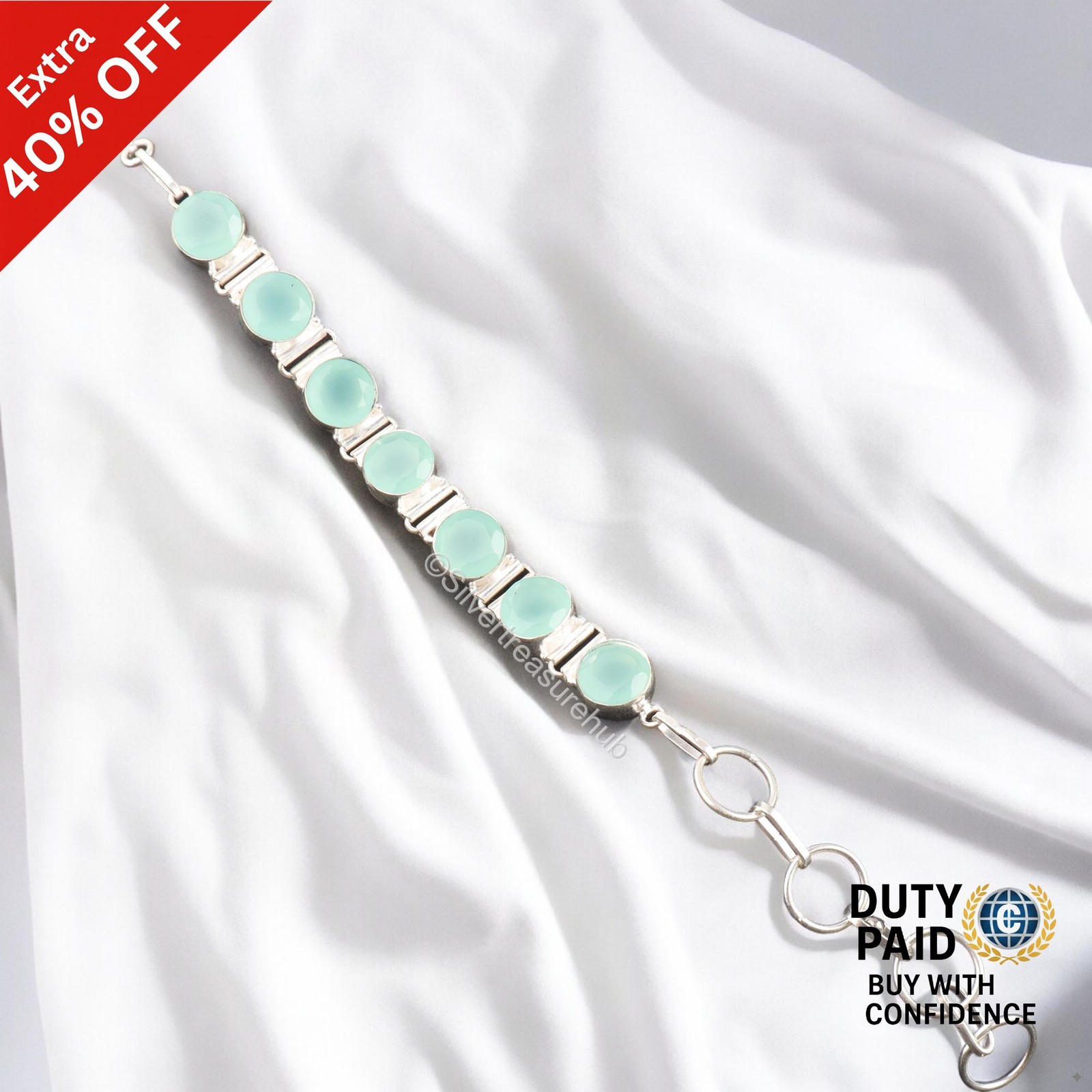 Throat Chakra Round Aqua Chalcedony Gemstone Chain Daughter Bracelet 925 Silver