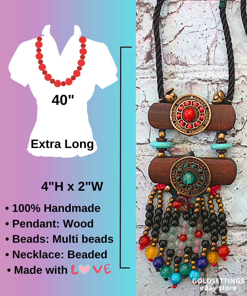 Ethnic Beads Long Necklace Hippie Boho Jewelry Homemade Wood Pendant Women Gift