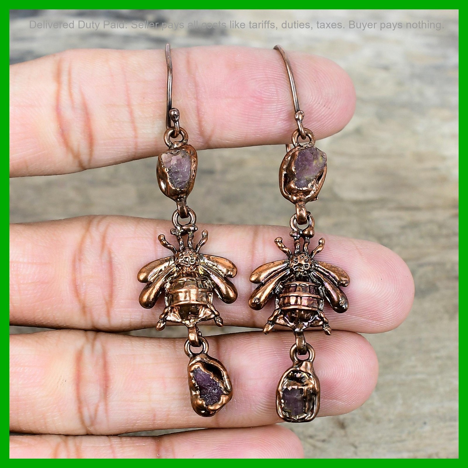 Pink Tourmaline Rough Gemstone Earrings Honey Bee Electroformed Copper Jewelry