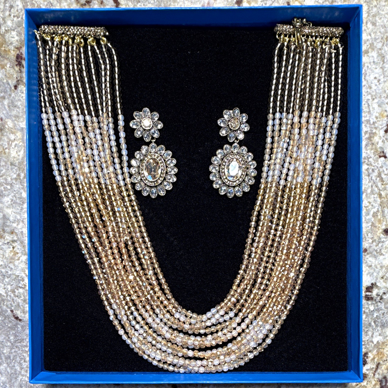 Heidi Daus Signed Jewelry Set Multi-Strand Necklace & Drop Earrings Crystal