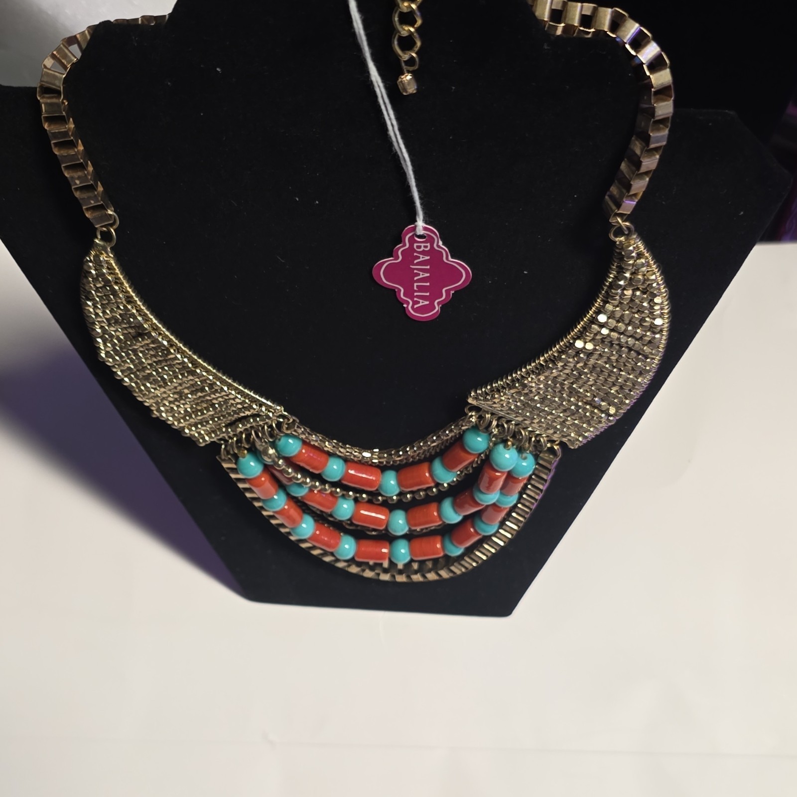 BAJALIA Bib Statement Beaded Necklace Gold Tone Turquoise/Orange