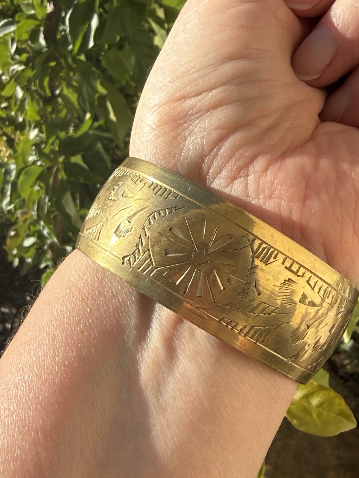 Vintage Wide Solid Brass Bangle Bracelet Floral Etched For Average Wrist