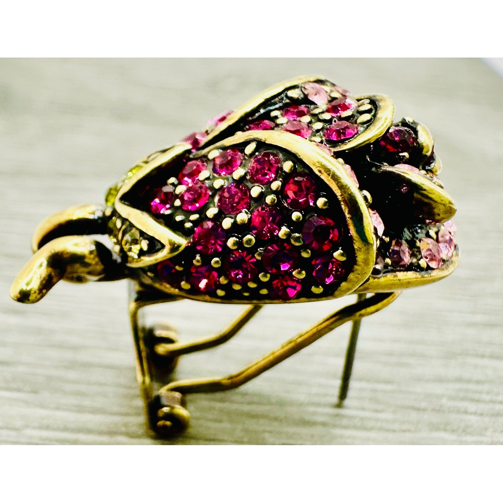 Heidi Daus Rose Bud Crystal Omega Back Earrings Pink Fuchsia Bronzetone Floral
