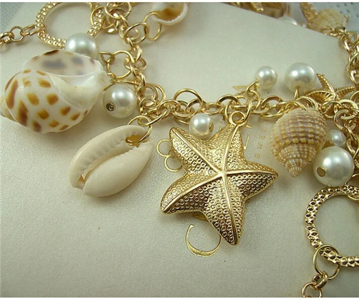 Beach Seashell Starfish Necklace Gold Chain Pearl Boho Statement Jewelry Women