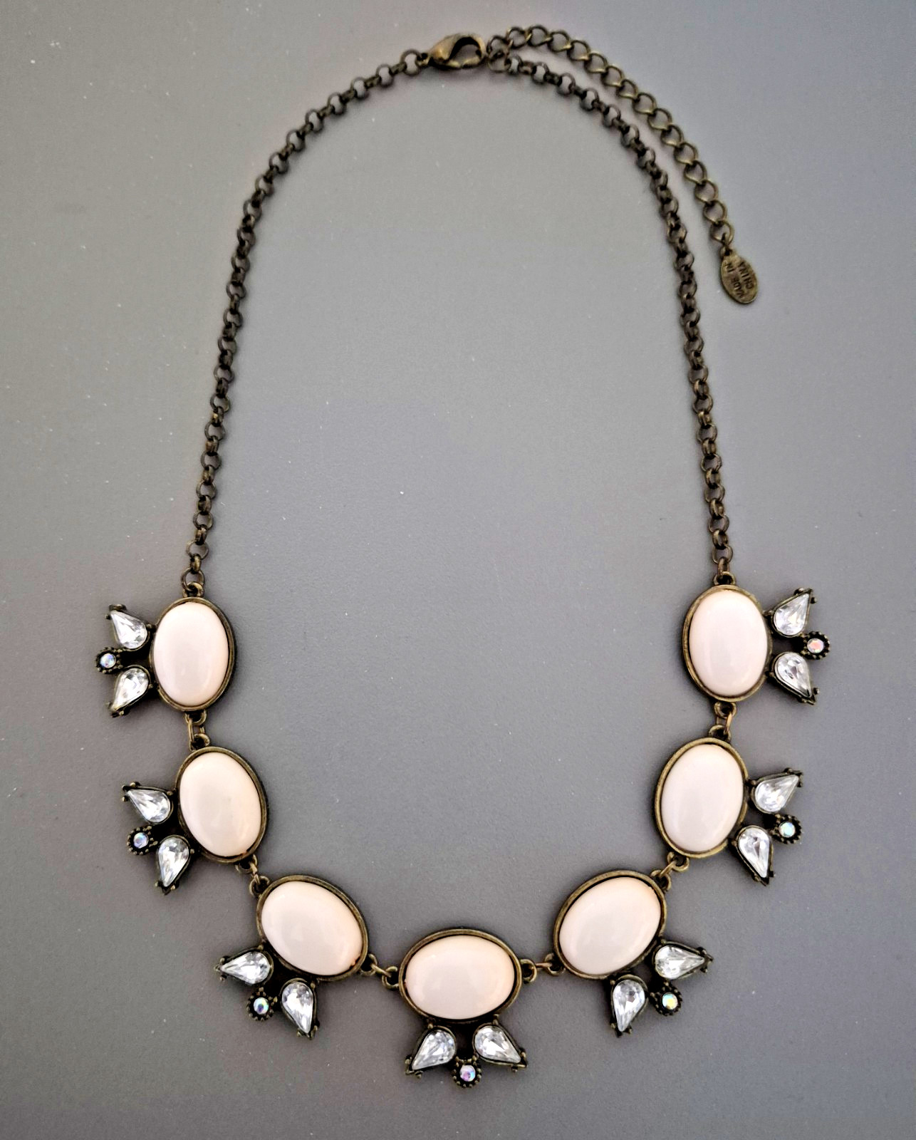 Robert Rose Necklace Pale Blush Cabochon Gray Rhinestone Antiqued Bronze Tone