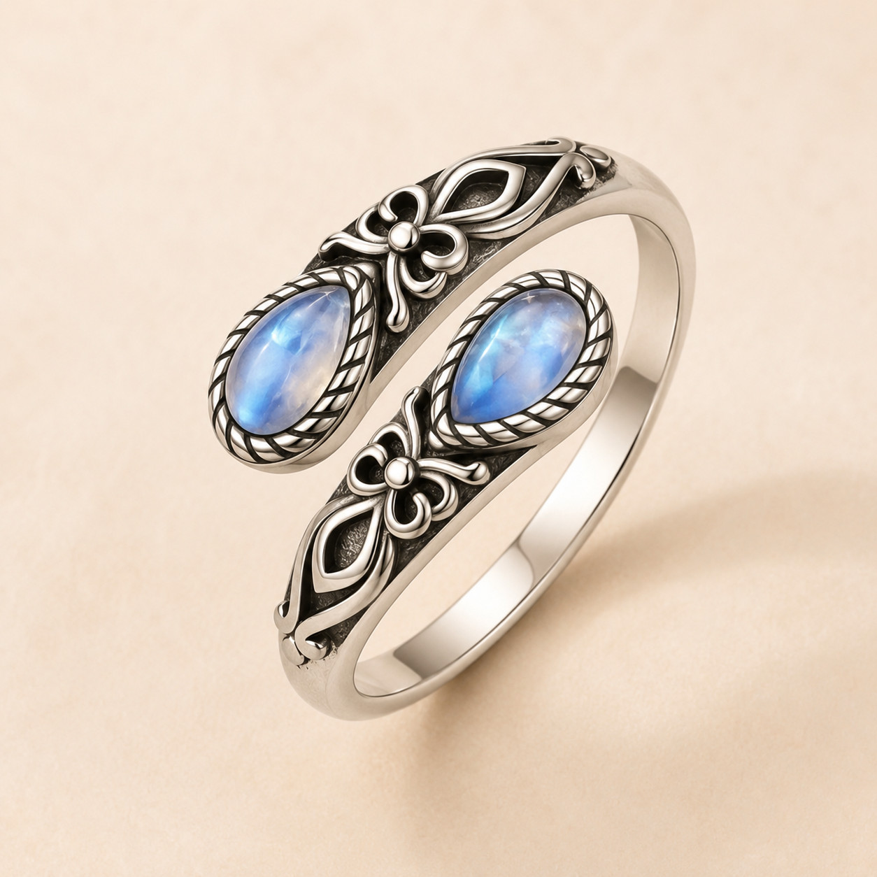 Silver Moonstone Crystal Open Spoon Ring Criss Cross Adjstble Vtg Style Gemstone