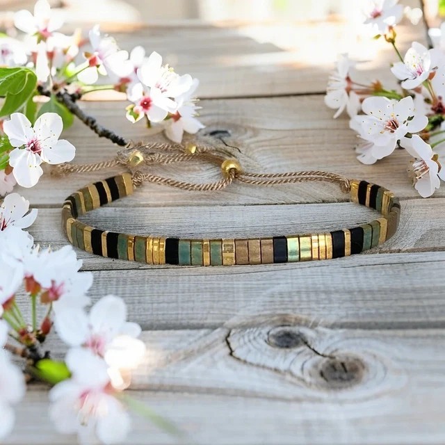 Simple Bohemian Tila Flat Woven Stripe Beads American Beaded Minimalist Bracelet
