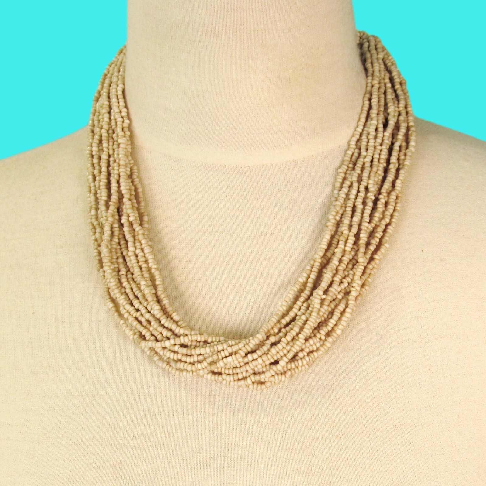 18″ Multi Strand Beige Natural Color Handmade Seed Bead Statement Necklace