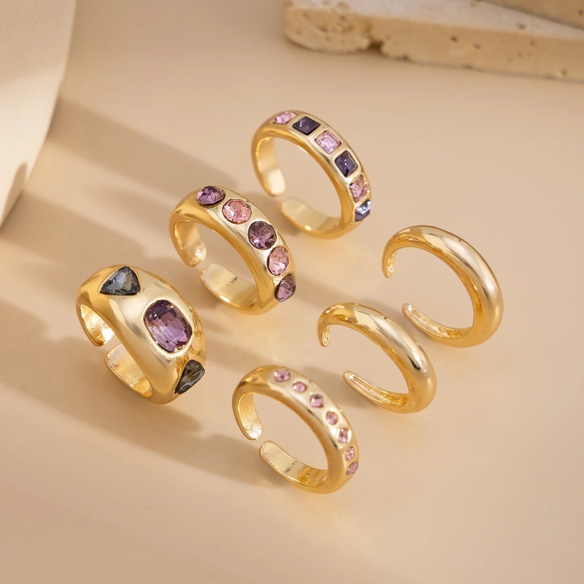 6PCS Gold Adjustable Ring Set Women Purple Zircon Stackable Knuckle Rings Gift