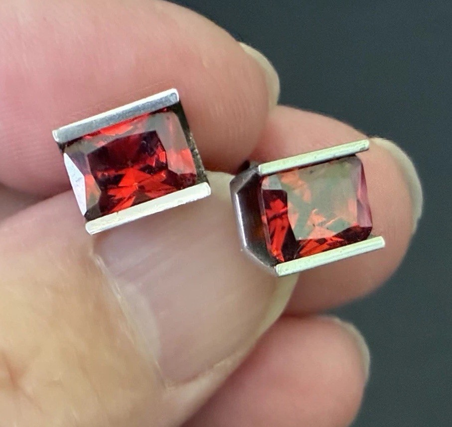 Chisel Stainless Steel Polished Stud Post Earrings w/ Orange Stones ~ Signed