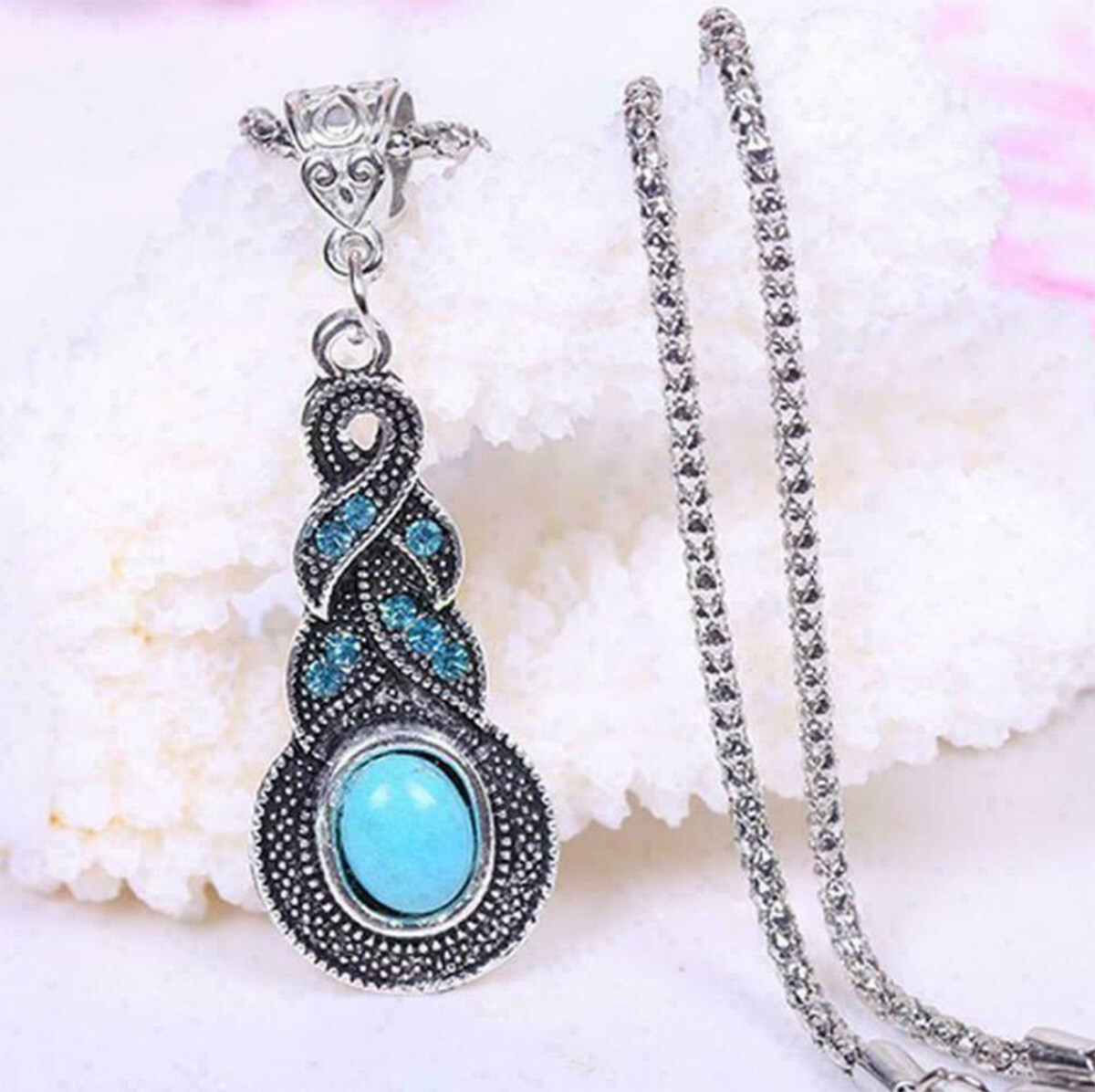 DESIGNER INSPIRED BLUE FAUX TURQUOISE SILVER NECKLACE & EARRINGS JEWELRY SET NEW