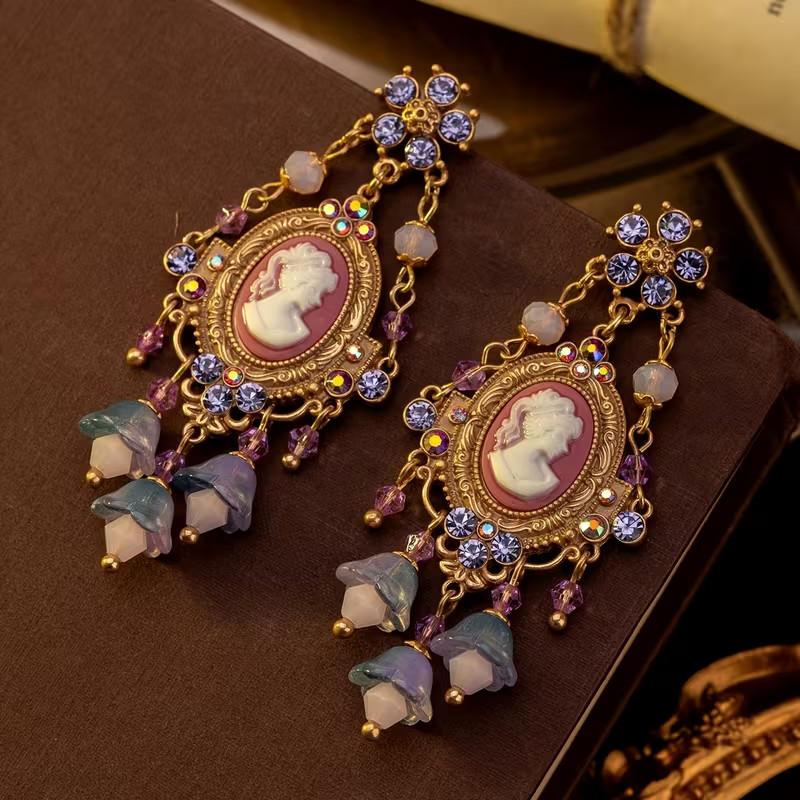 Vintage Cameo Drop Earrings Purple Rhinestone Gold Tone Victorian Statement