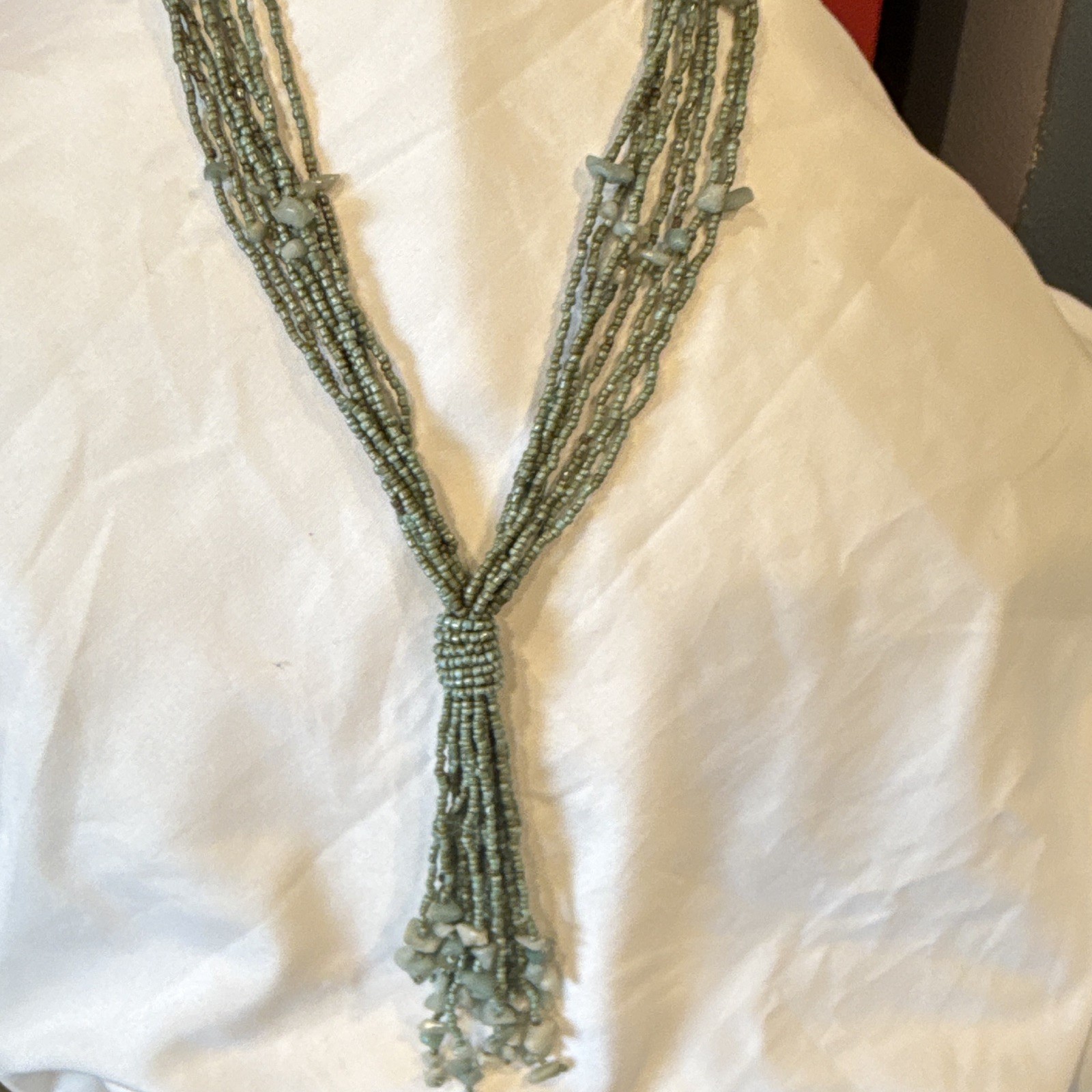 Green and Aqua Multi-Strand Glass Beaded Necklace Tassel Pendant Boho