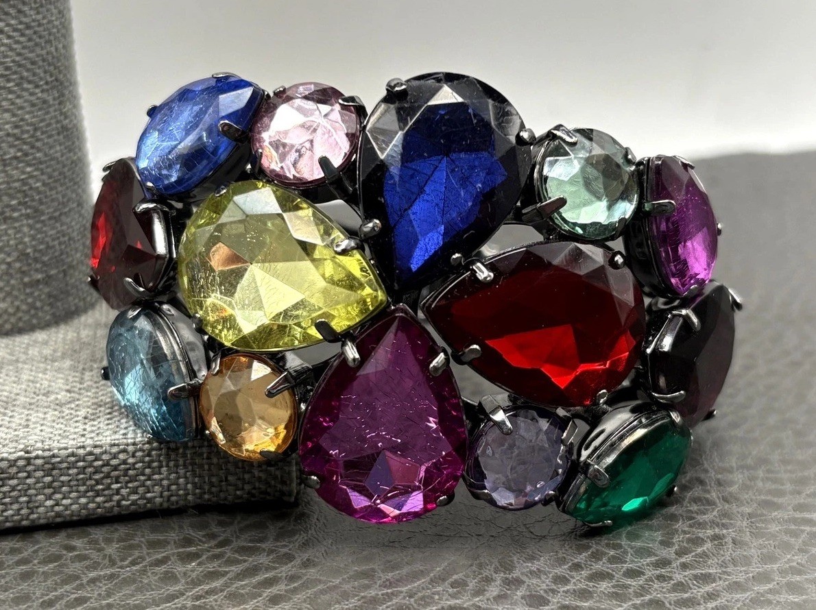 Multicolor Faceted Glass Rhinestone Hinged Bangle Bracelet Statement Piece