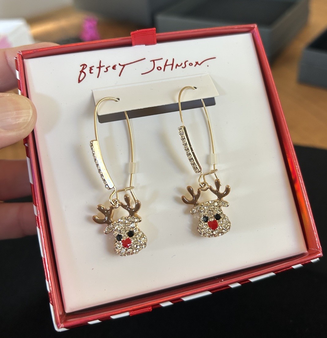 Betsey Johnson Reindeer Dangle Earrings Gold Tone Rhinestone Crystal Christmas