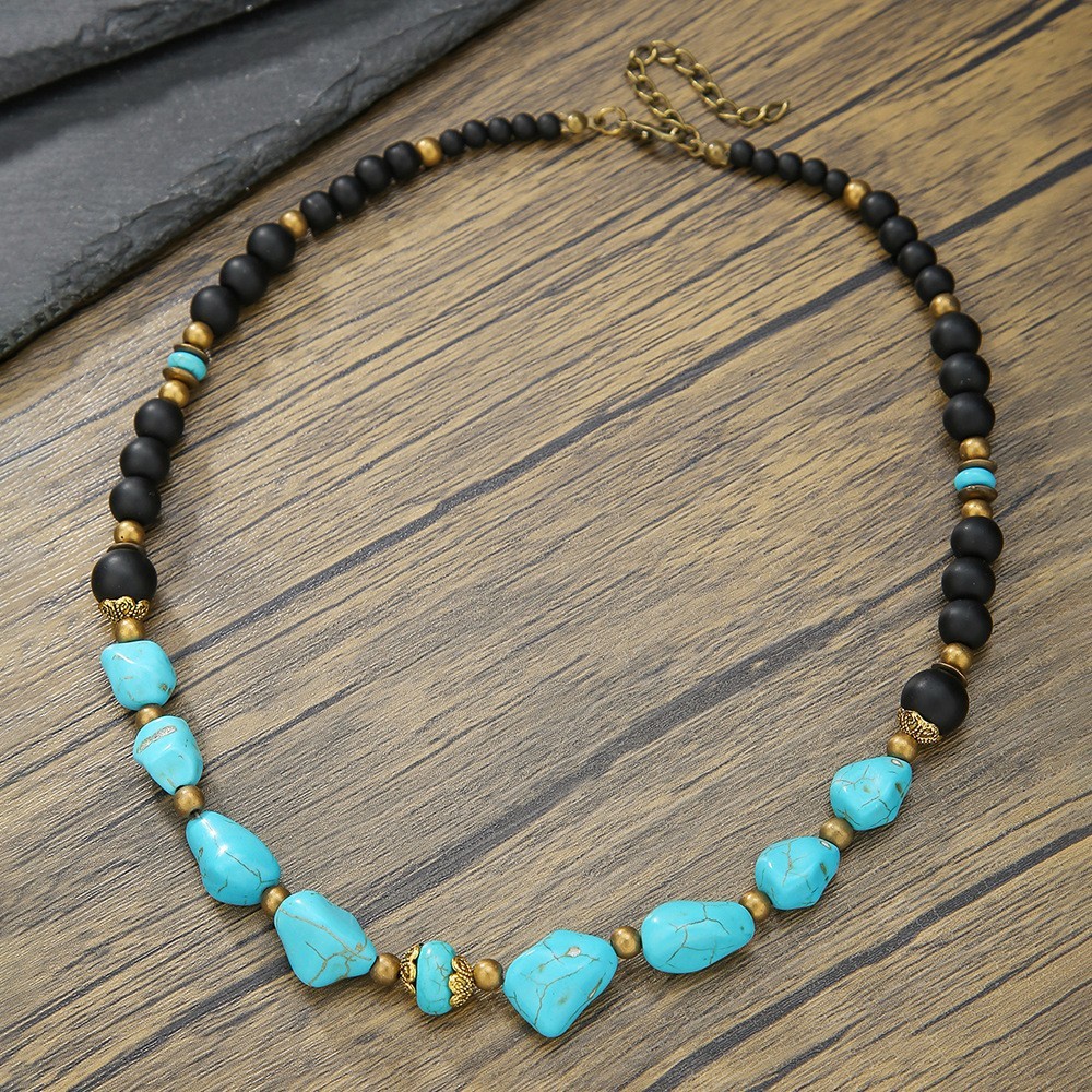 Dainty Blue Turquoise Choker Irregular Black Onyx Healing Men Gemstone Necklace