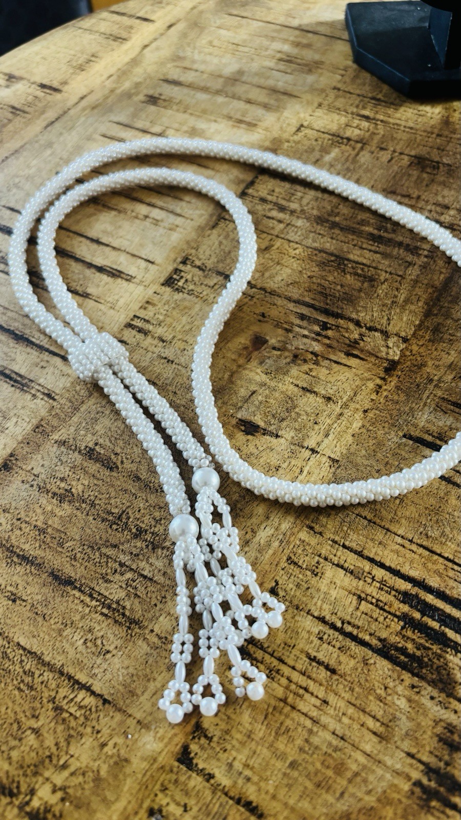 Faux Seed Pearl Lariat Necklace Woven Slider Tassel Flapper Boho VTG