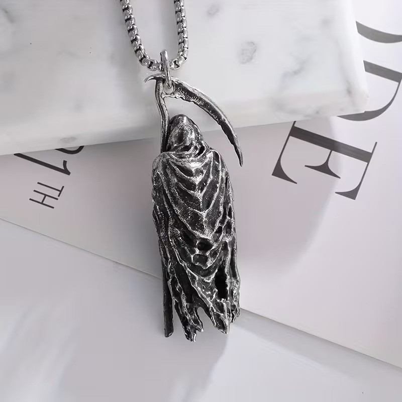 Unique 925 Sterling Silver Gothic Hellbringer Scythe Grim Reaper Charms Necklace