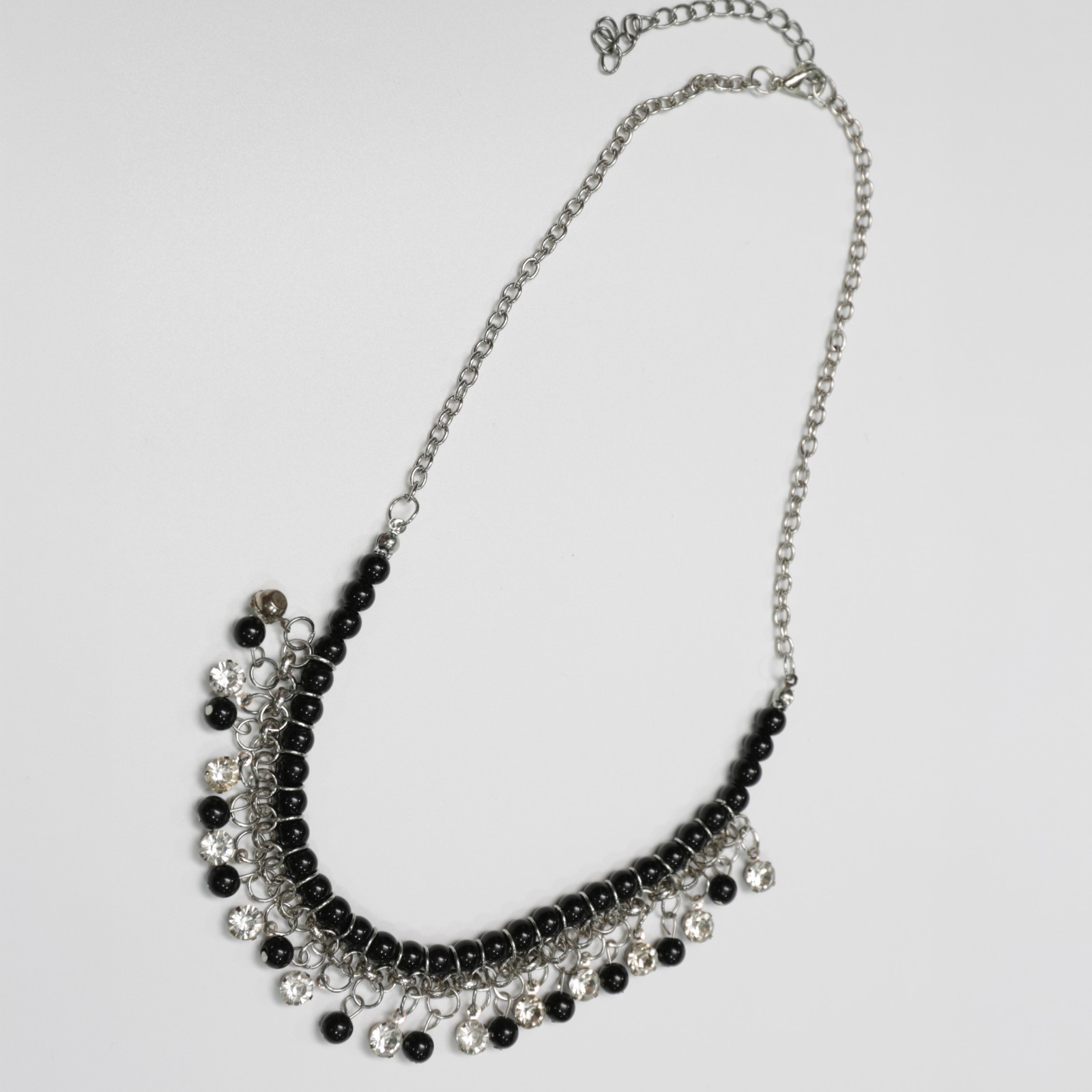 Black Bead Clear Rhinestone Fringe Bib Necklace Silver Tone 17.7in