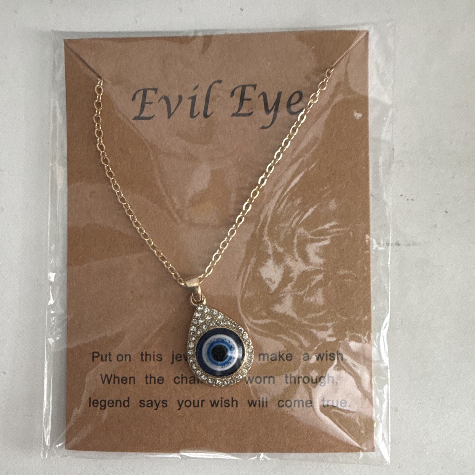 Evil Eye Gold Tone Cable Chain Necklace Teardrop Amulet Blue/White Crystal