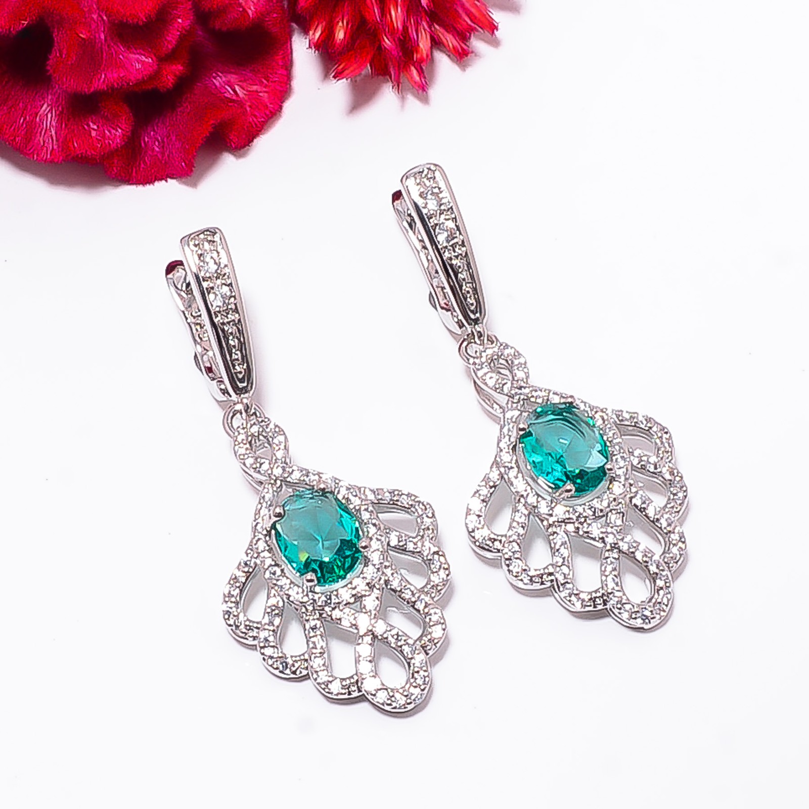 Paraiba Tourmaline & Cubic Zirconia 925 Silver Platinum Plated Earring 1.90″ E53