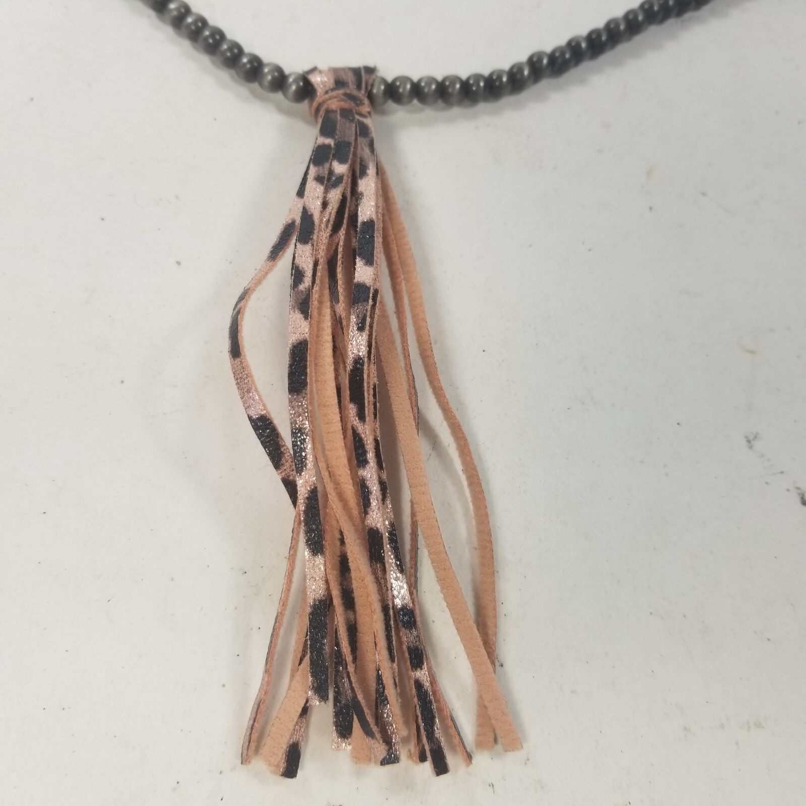 Gray Bead Tassle Necklace Boho Pink Leopard Print 33″