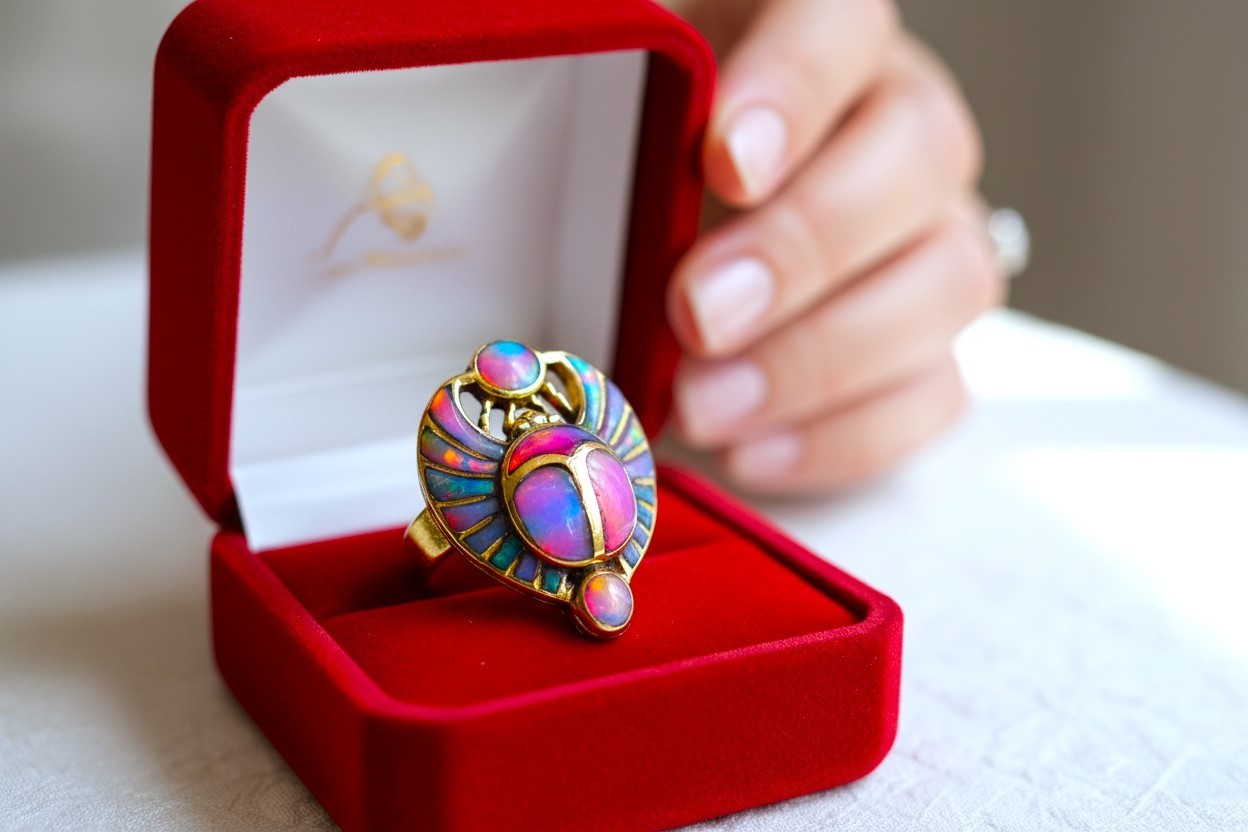 Opal Pinky Gold Scarab Ring, Egyptian Talisman, Adjustable Ring