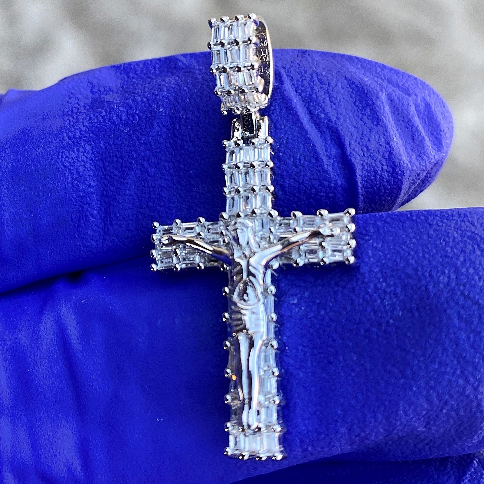 925 Sterling Silver Jesus Crucifix Cross Baguette Iced Flooded Out CZ Pendant 1″
