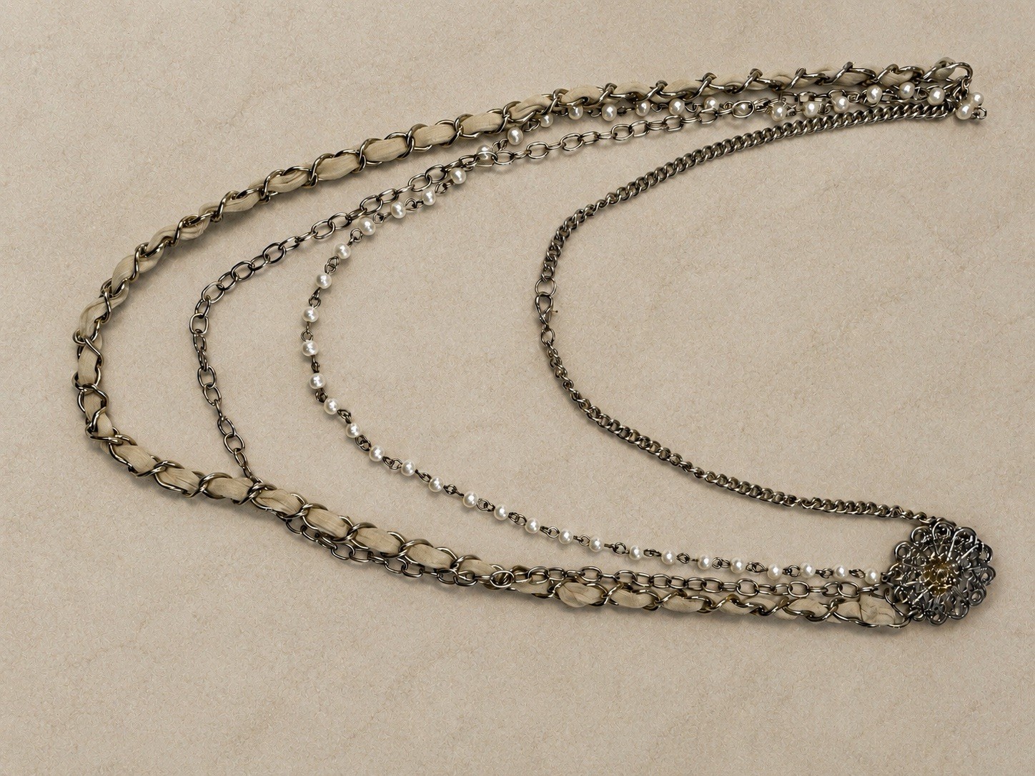 Silver Tone Layered Cable Chain Necklace Round Charm Pendant 36+ in Metal