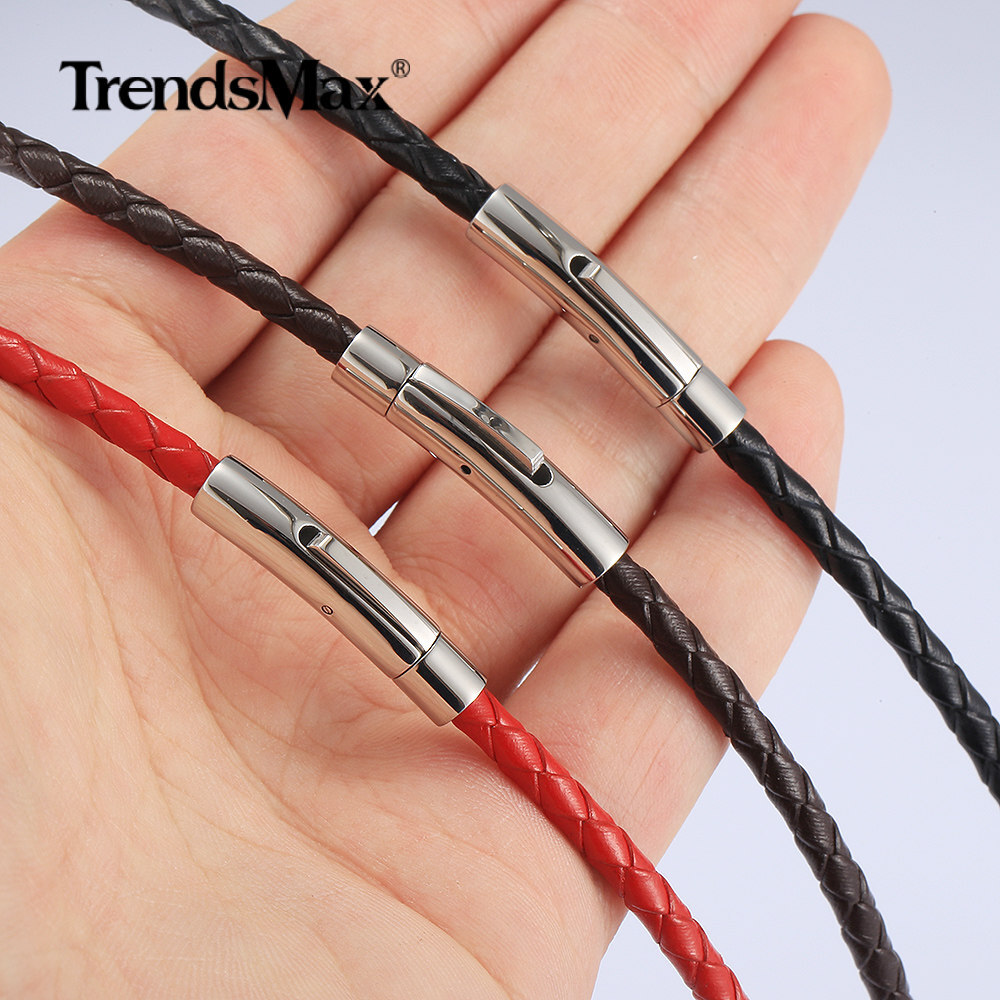 4/6MM Red/Brown/Black Braided Cord Rope Leather Necklace Choker Push Lock 16-30″