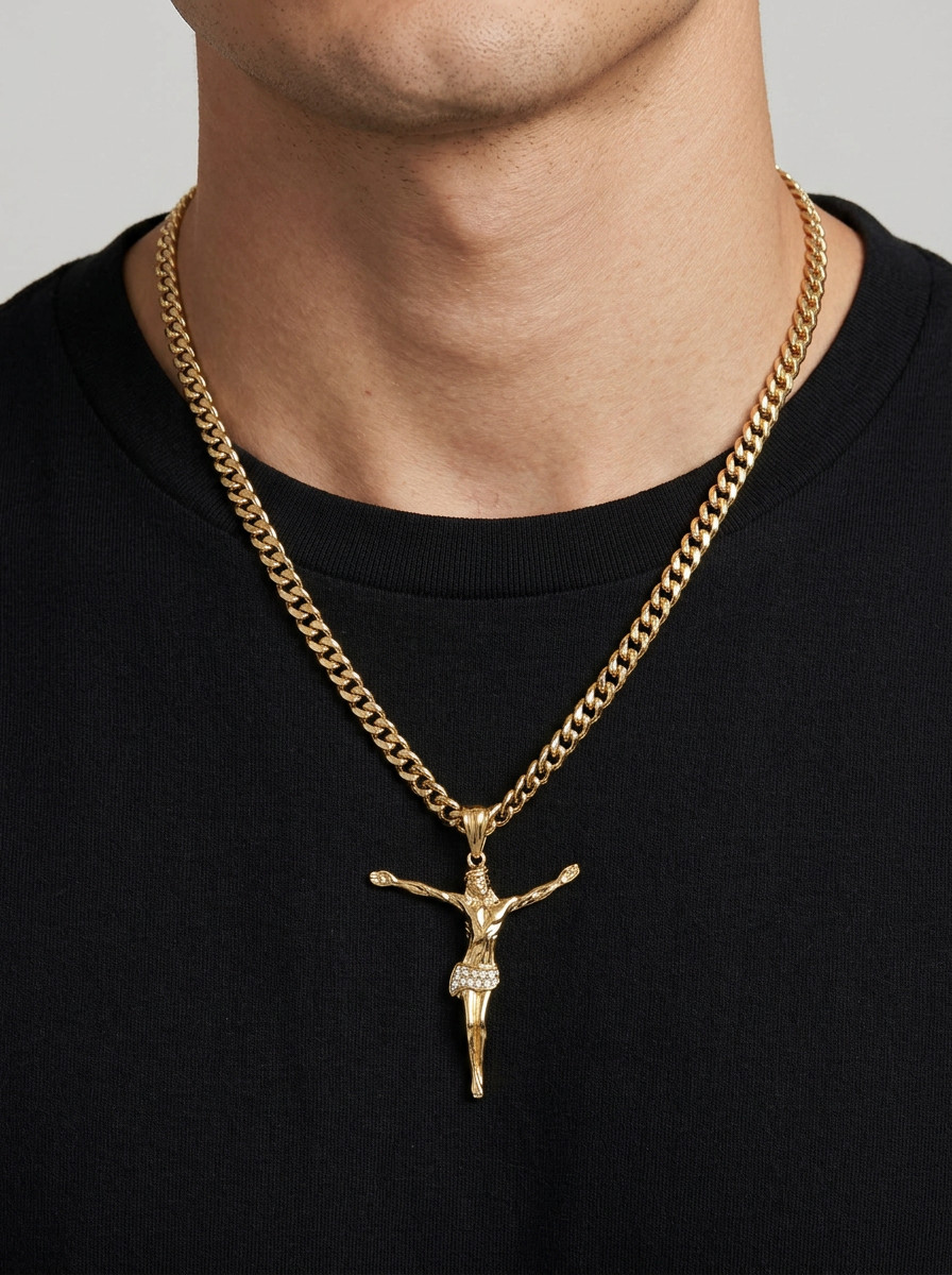 14k Heavy Plated Gold Crucifix Necklace: Men’s 7mm Cuban Link CZ Pendant