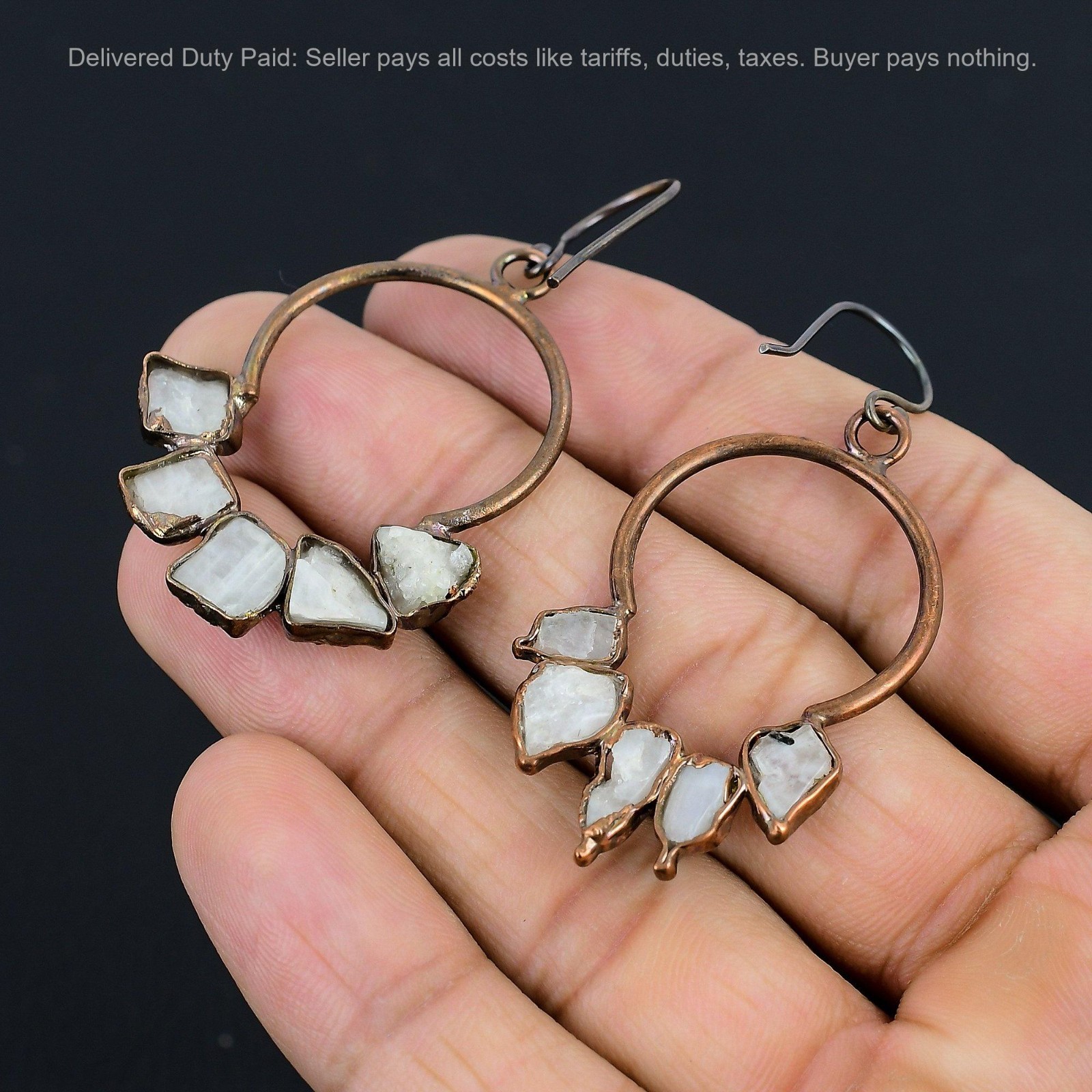 Copper Pentagon Natural Rainbow Moonstone Rough Drop Electroformed Wife Earrings
